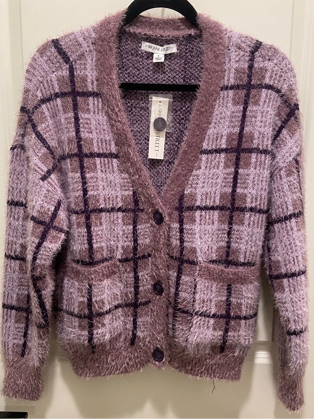 Lavender Plaid Fuzzy V‑Neck Cardigan Sweater